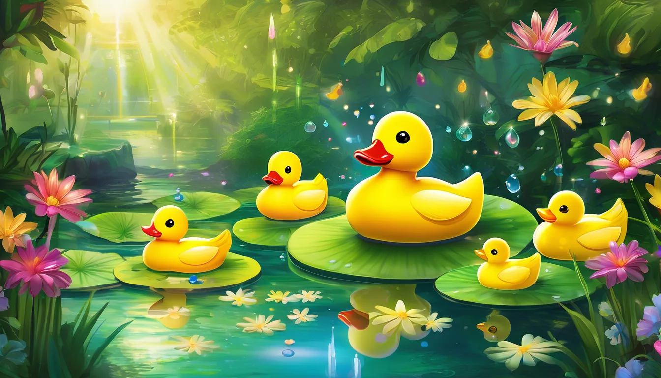 Five cheerful yellow rubber ducks float on green lily pads amid a serene pond adorned with colorful lilies and sparkling sunlight filtering through lush foliage.