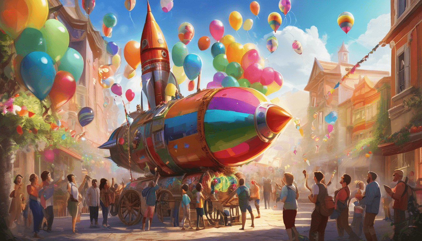 A group builds a colorful rocket from recycled materials at a sunny festival.