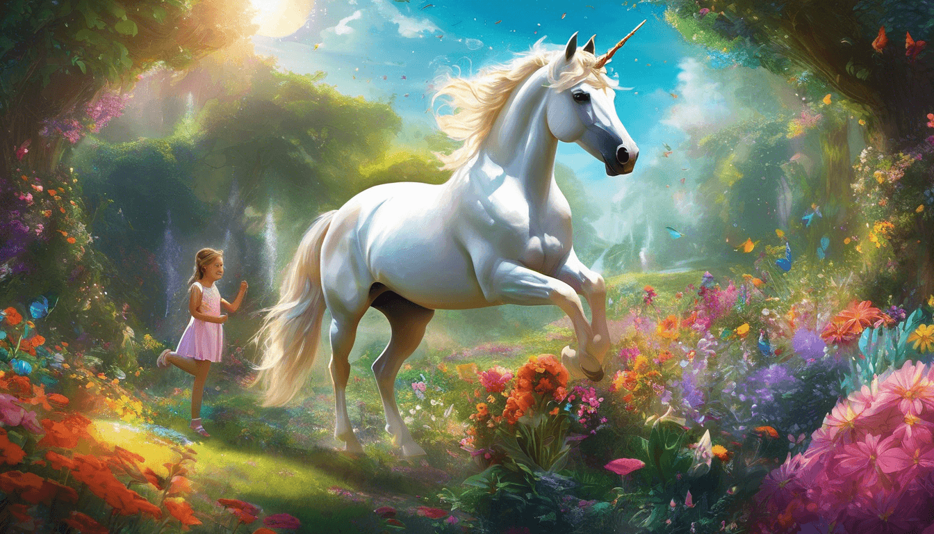 Alt: Unicorn in a sunlit garden with kids caring for plants and animals.