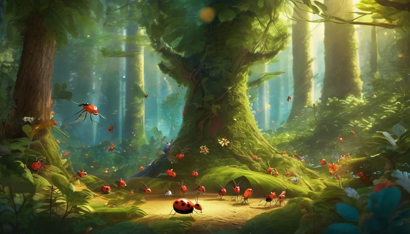 Ant orchestra playing in a sunlit woodland, animals watching.