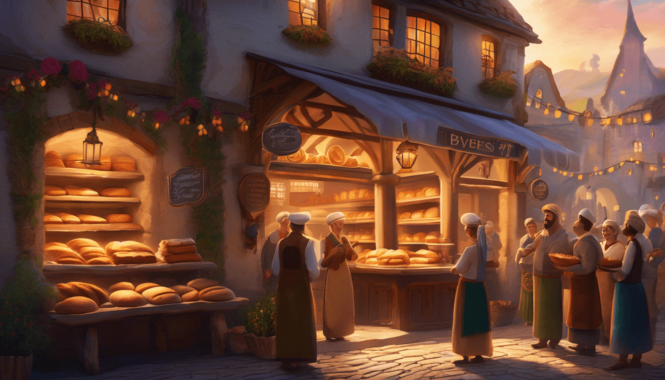 Alt: Singing bread loaves in a glowing bakery, villagers smiling around.