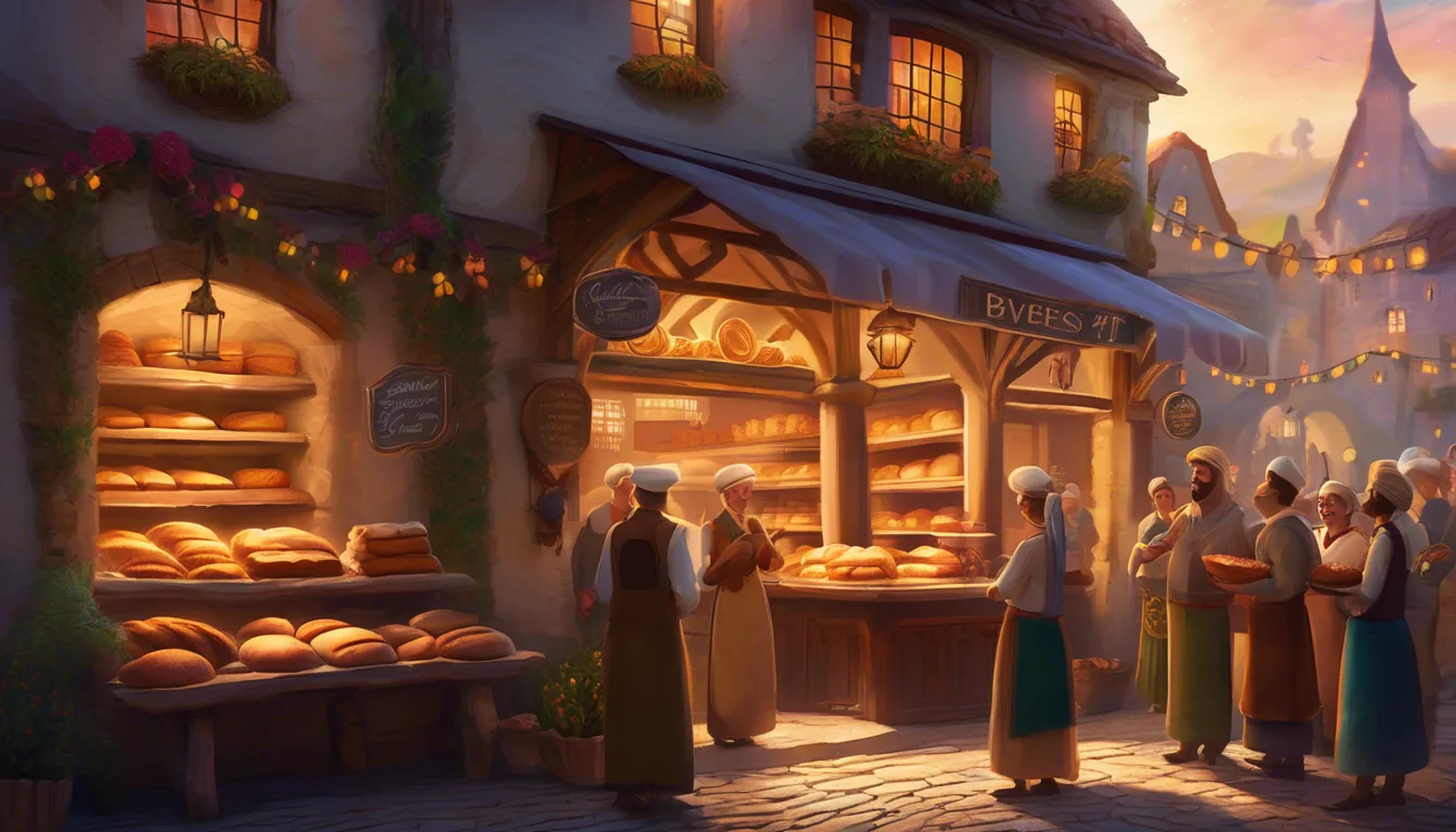 A charming bakery scene at dusk, with warm lights illuminating shelves full of bread while customers converse with bakers outside.