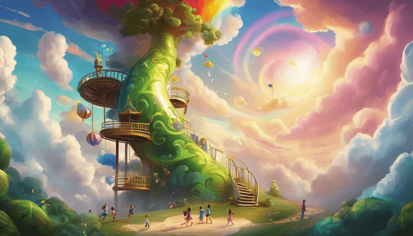 Alt: Kids playing on a school playground with a giant beanstalk reaching into the clouds.