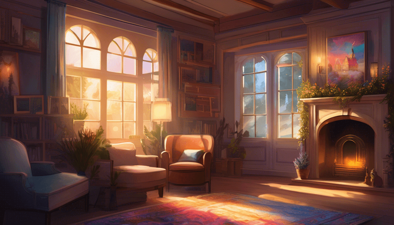Alt: Cozy old house room with a glowing unicorn painting and warm light.