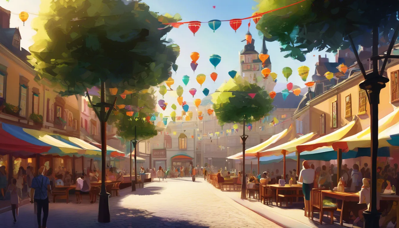 Alt: Town square with people searching for shadows, playful shadow creatures hiding, and festival decorations above.