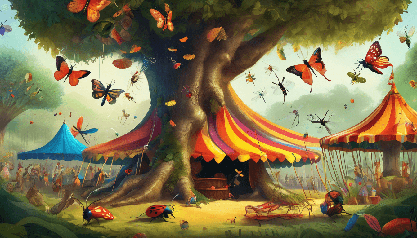 Insects performing circus acts under a colorful tent beneath a giant oak tree.