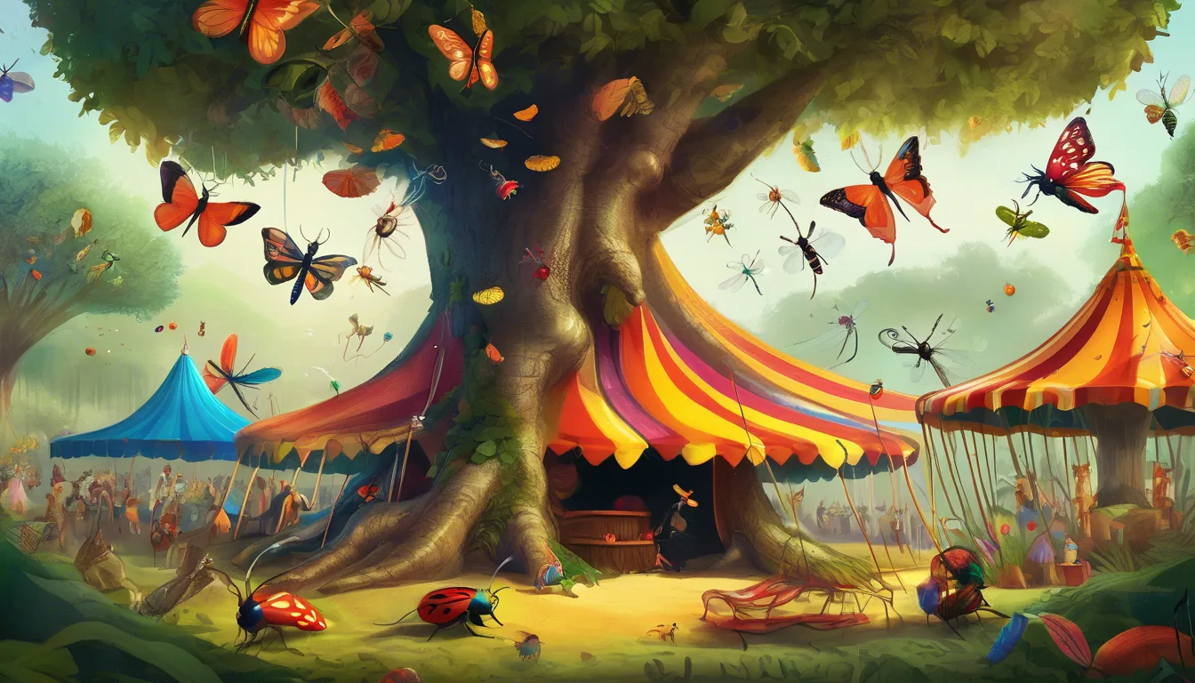 Insects performing circus acts under a colorful tent beneath a giant oak tree.