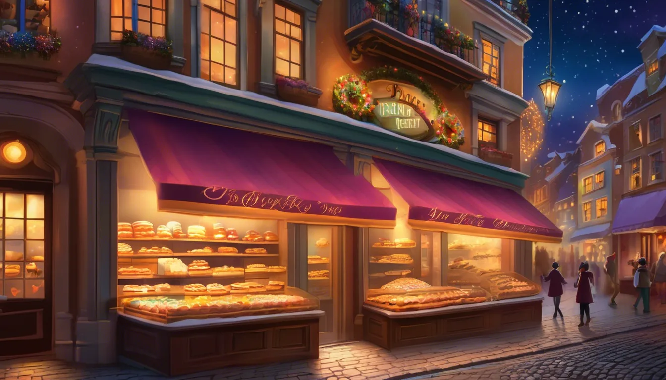 Charming bakery storefront illuminated at night, with large windows displaying an assortment of freshly baked goods, and snow gently covering the cobblestone street, creating a cozy winter atmosphere.