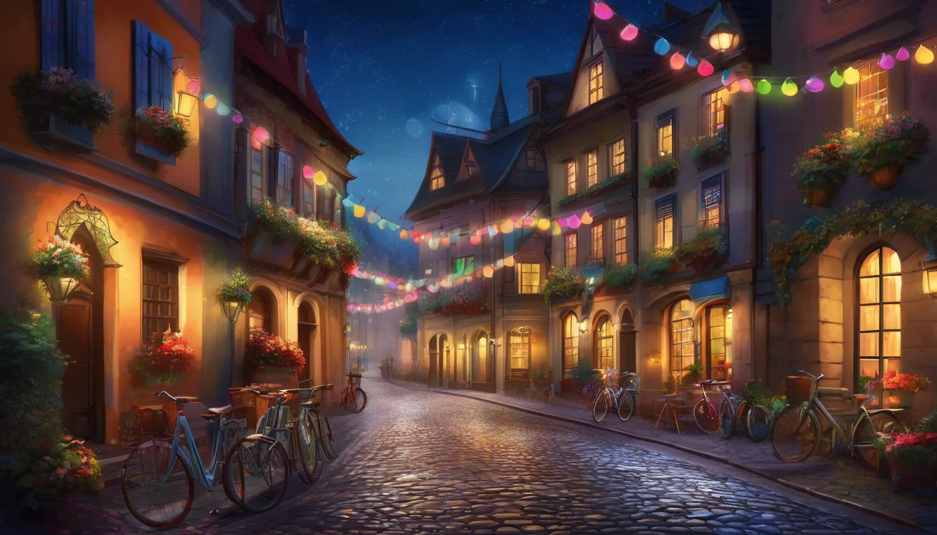 Charming evening street scene with cobblestone pavement, bicycles lined up, and colorful lights strung between quaint buildings adorned with plants.