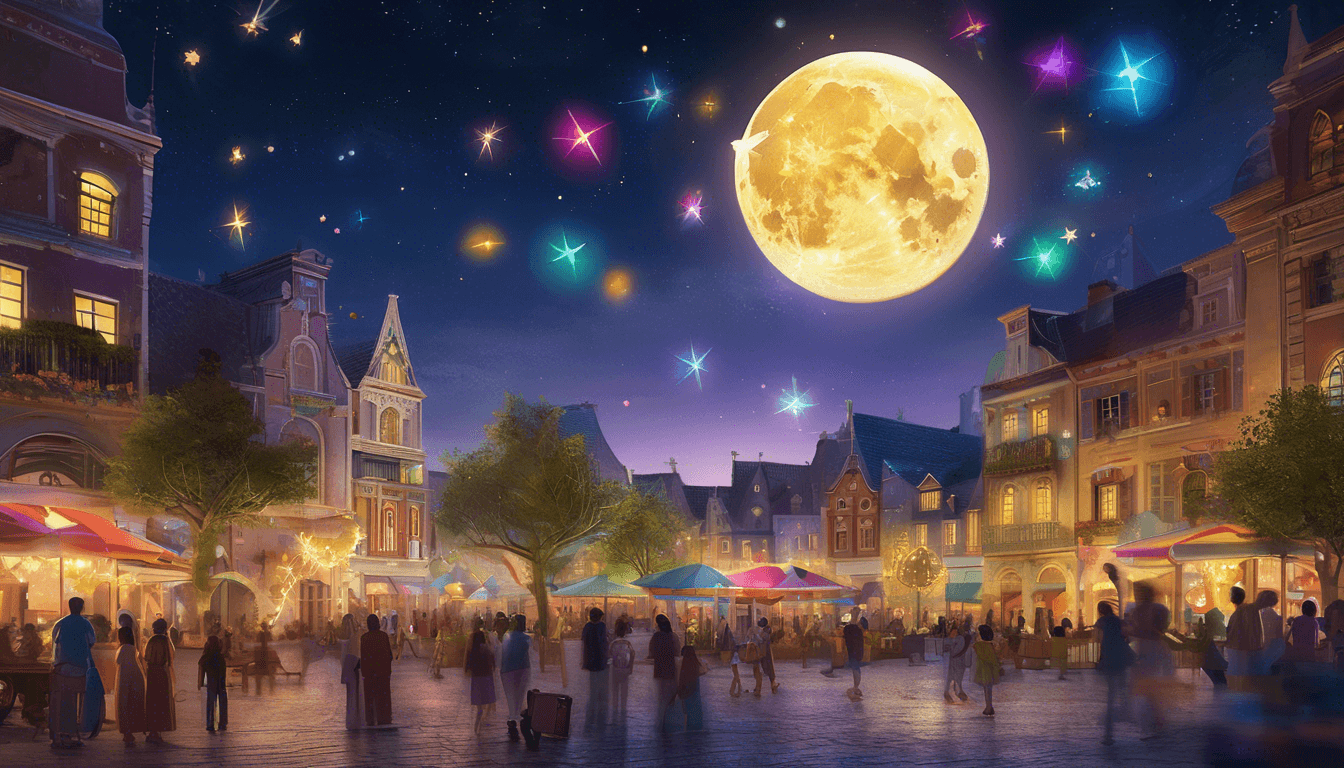 Alt: Smiling moon above a lively city square with people holding drawings and instruments under dancing stars.
