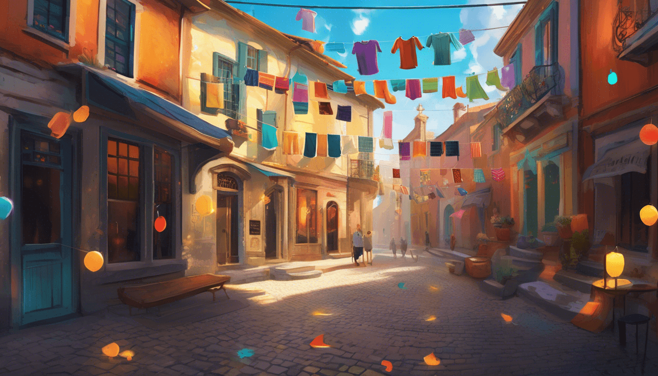 Alt: People in a town square admire colorful socks hanging as a glowing sprite weaves between them.