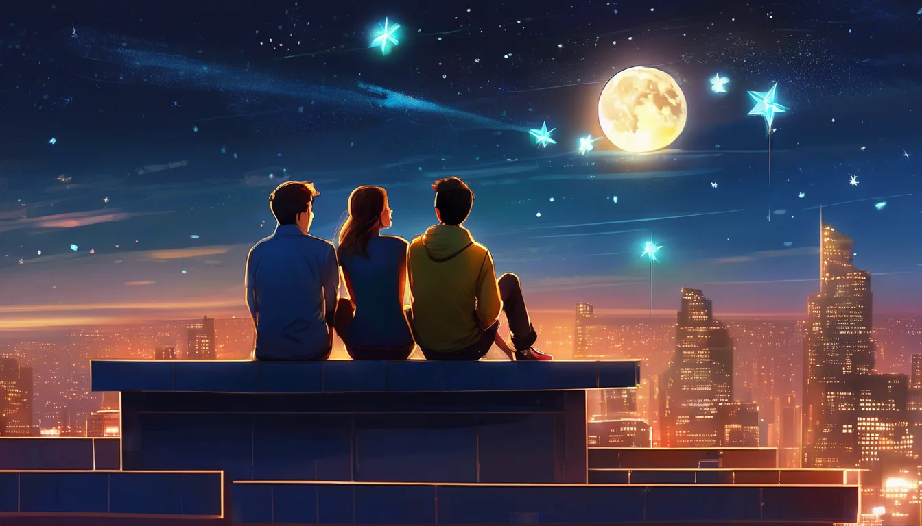 Three friends on a rooftop at night, watching a bright star with signal lights and a gadget nearby.
