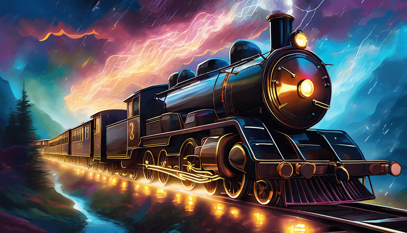 Alt: A glowing steam train travels on floating tracks through stormy skies, with magical lands visible outside the windows.