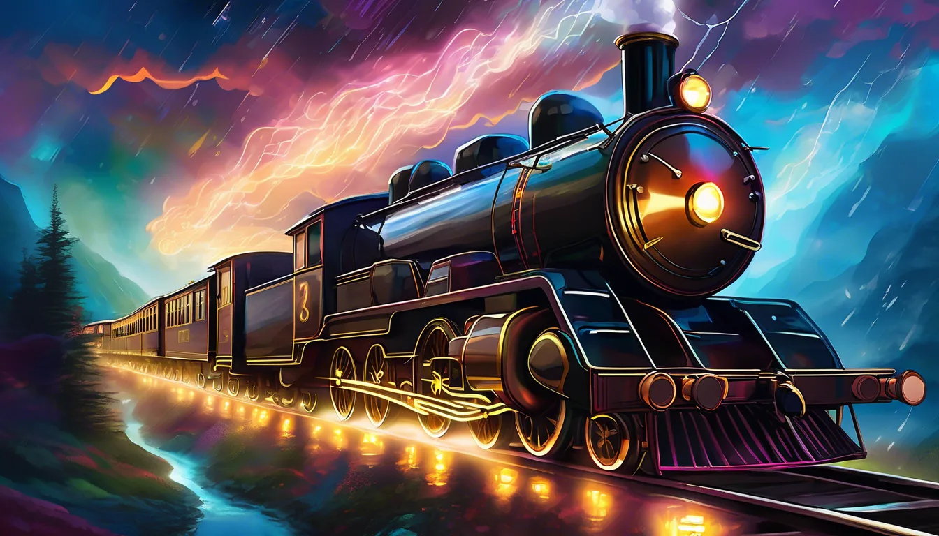 Alt: A glowing steam train travels on floating tracks through stormy skies, with magical lands visible outside the windows.