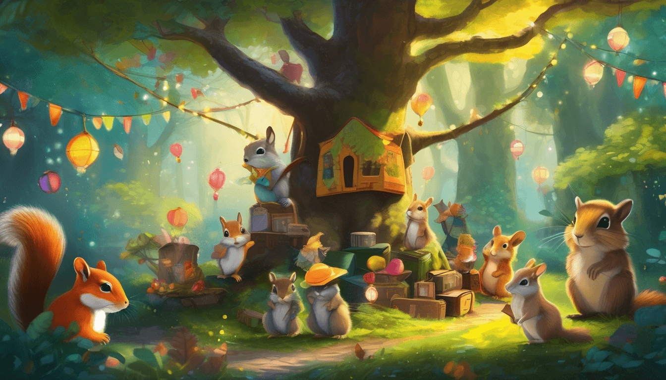 Woodland animals in fancy outfits parade under an oak tree with fairy lights and a magical suitcase.