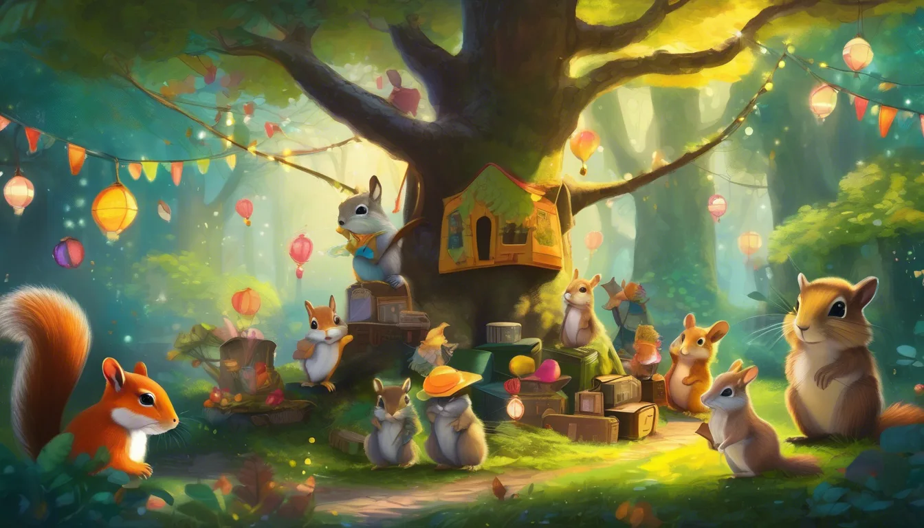 Woodland animals in fancy outfits parade under an oak tree with fairy lights and a magical suitcase.