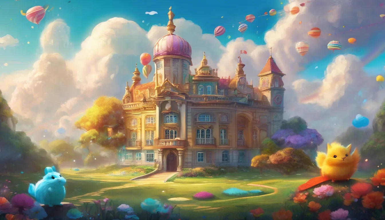 A whimsical castle with a pink dome surrounded by colorful clouds, flowers, and playful animated creatures in a bright, cheerful landscape.