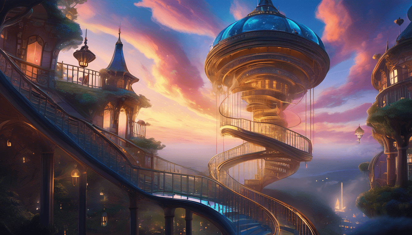 Alt: Glowing spiral staircase in a magical playground at twilight, leading to an upside-down city in the clouds.
