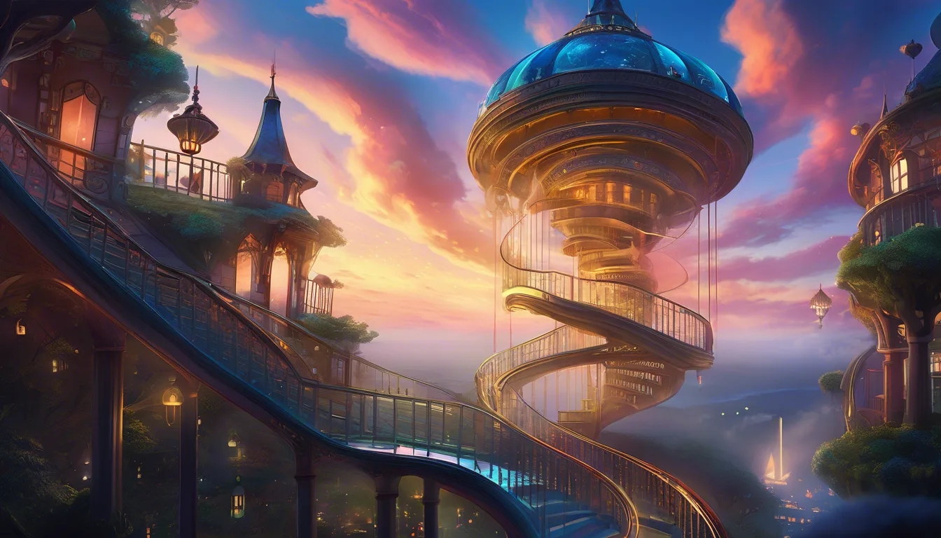 Alt: Glowing spiral staircase in a magical playground at twilight, leading to an upside-down city in the clouds.