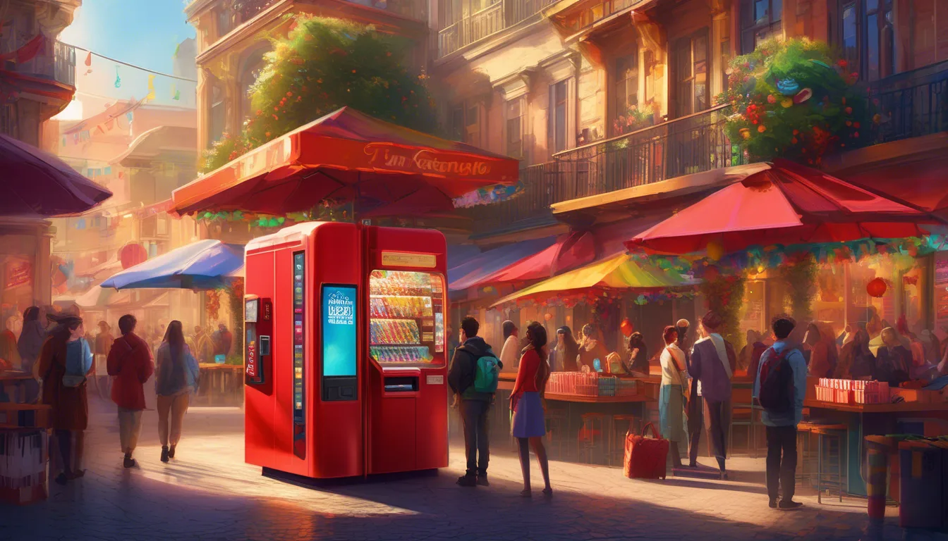 Alt: People gather around a glowing red vending machine in a festive town square.