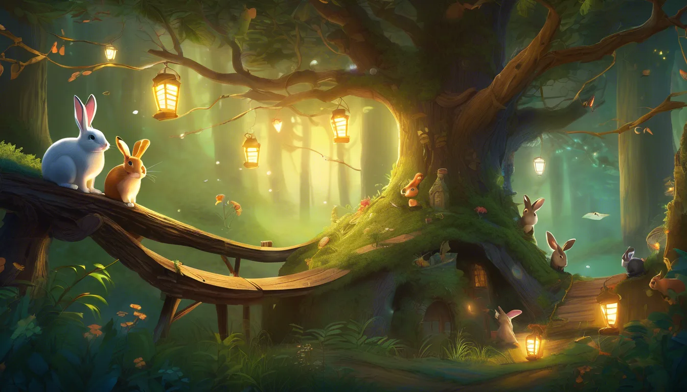 A whimsical forest scene featuring several rabbits around a large, ancient tree adorned with glowing lanterns and lush greenery, creating a magical atmosphere.