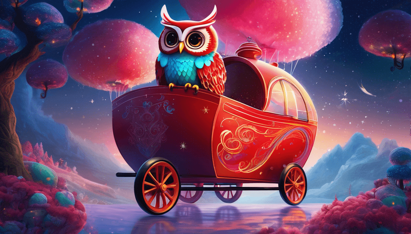 Alt: A magical red tricycle with a stuffed owl soars above cotton candy clouds and rainbow snowflakes, over whimsical landscapes.