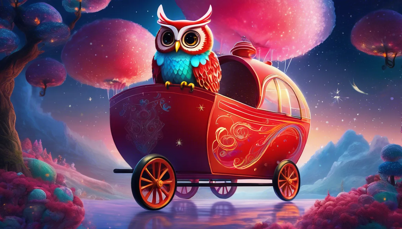 Alt: A magical red tricycle with a stuffed owl soars above cotton candy clouds and rainbow snowflakes, over whimsical landscapes.