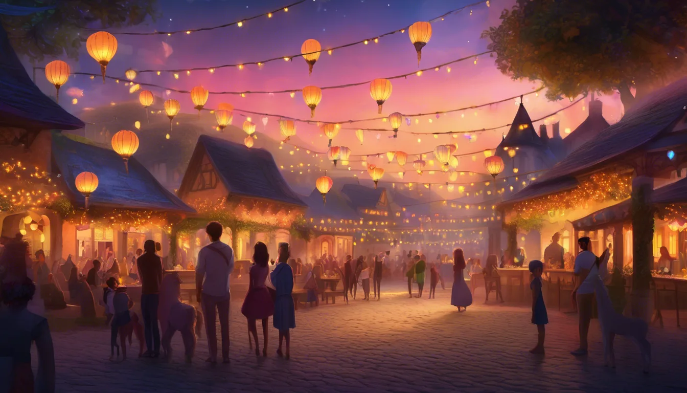 A charming nighttime market scene filled with glowing lanterns, vibrant stalls, and people enjoying the festive atmosphere under a colorful sky.
