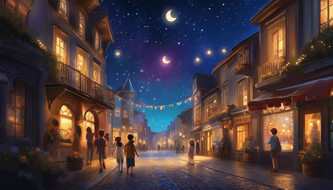 Alt: Children catching glowing stardust in jars under moonlight in a quiet, magical town.