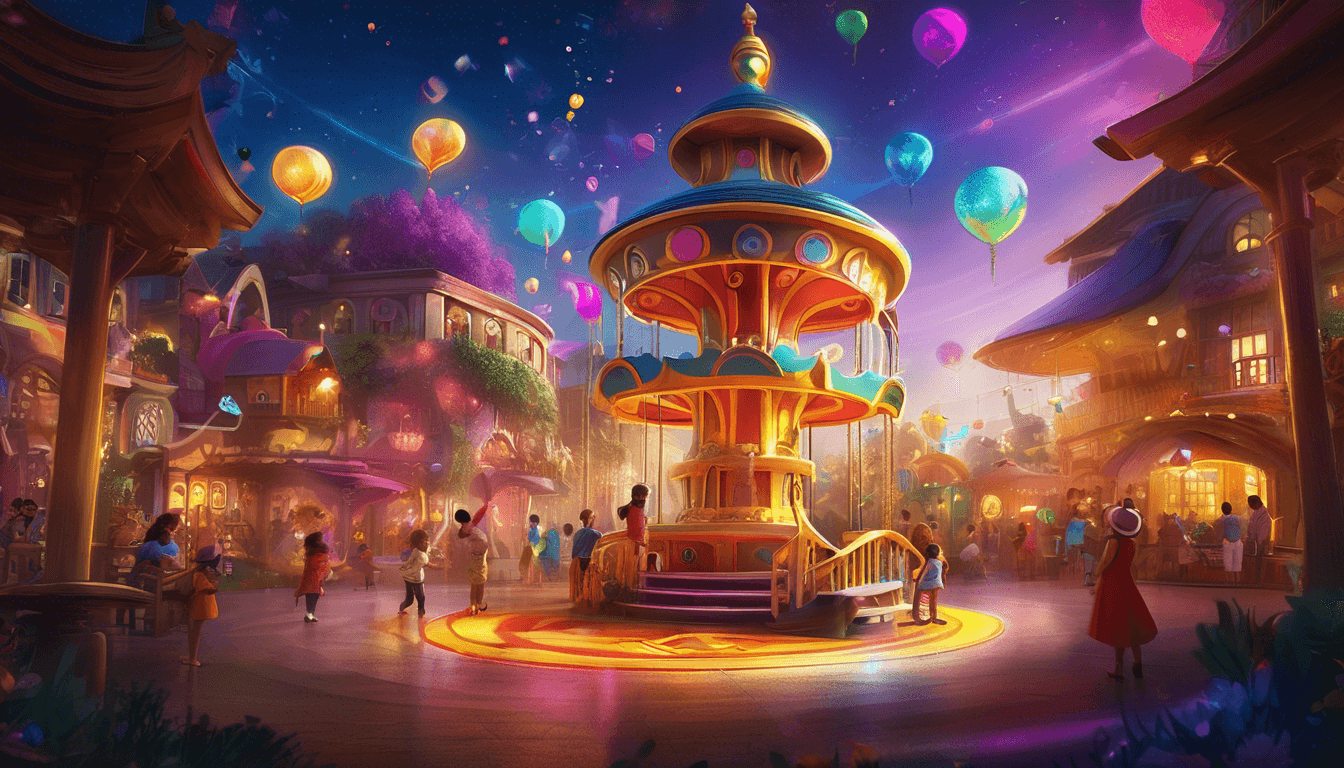 Alt: Children laughing around a sparkling magical well in a colorful playground.