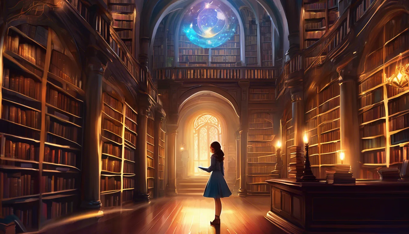 Alt: Girl holding a silver key bookmark in a magical library with glowing books and swirling storybook creatures.