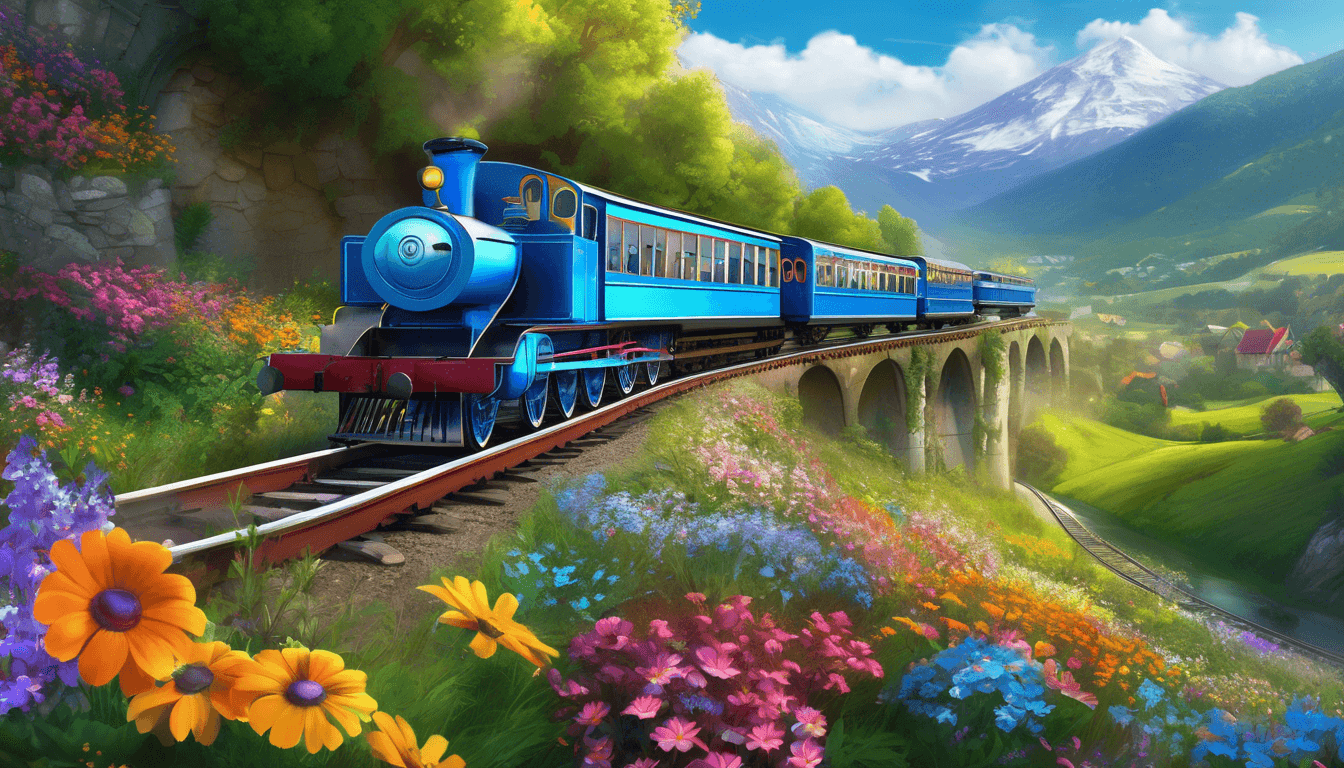 Alt: A cheerful blue train with flower-filled carriages travels through a colorful, blooming countryside.