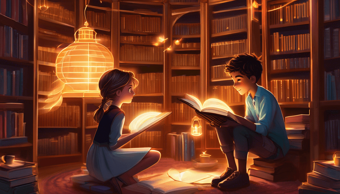 Two children in a cozy library examine a glowing book as magical symbols swirl around them.
