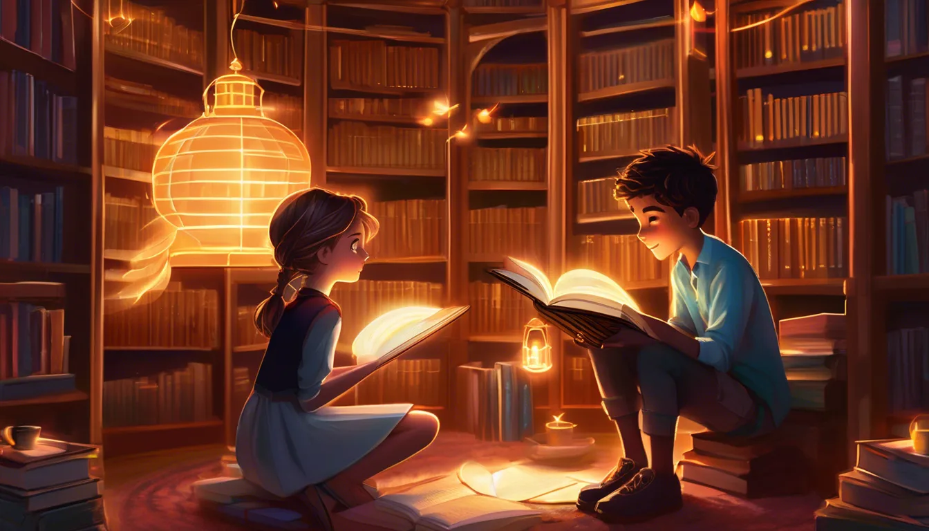Two children in a cozy library examine a glowing book as magical symbols swirl around them.