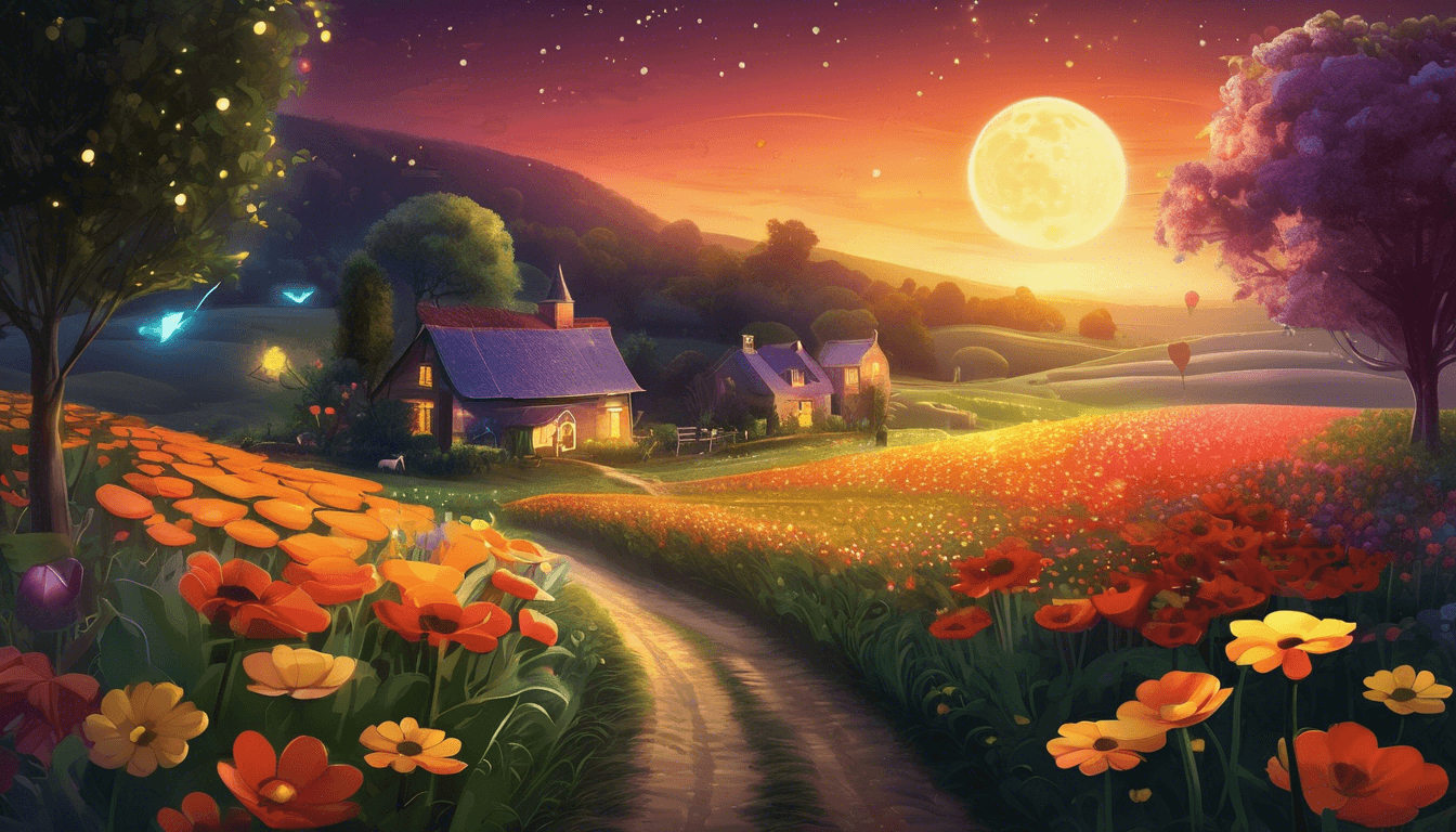 A dog and cat follow glowing footprints through a magical, moonlit farm with fireflies and oversized flowers.