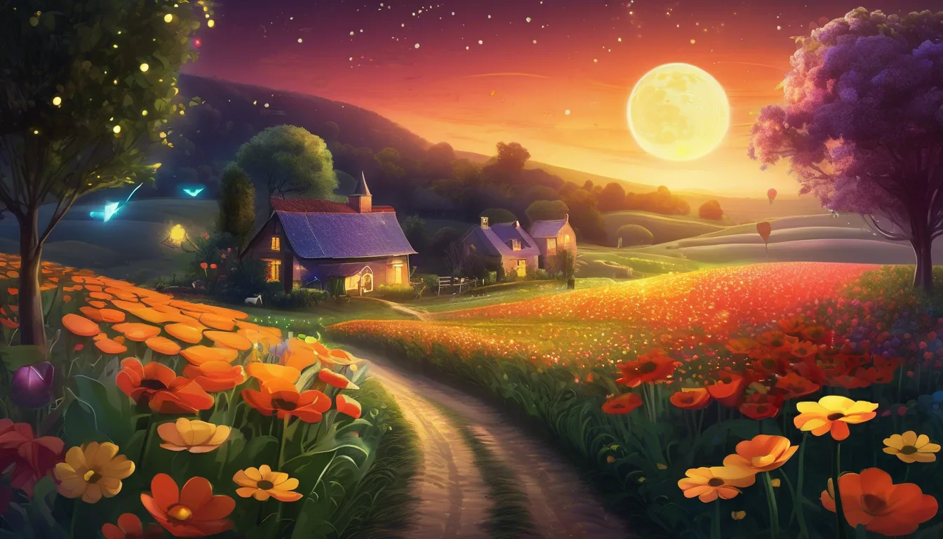 A dog and cat follow glowing footprints through a magical, moonlit farm with fireflies and oversized flowers.