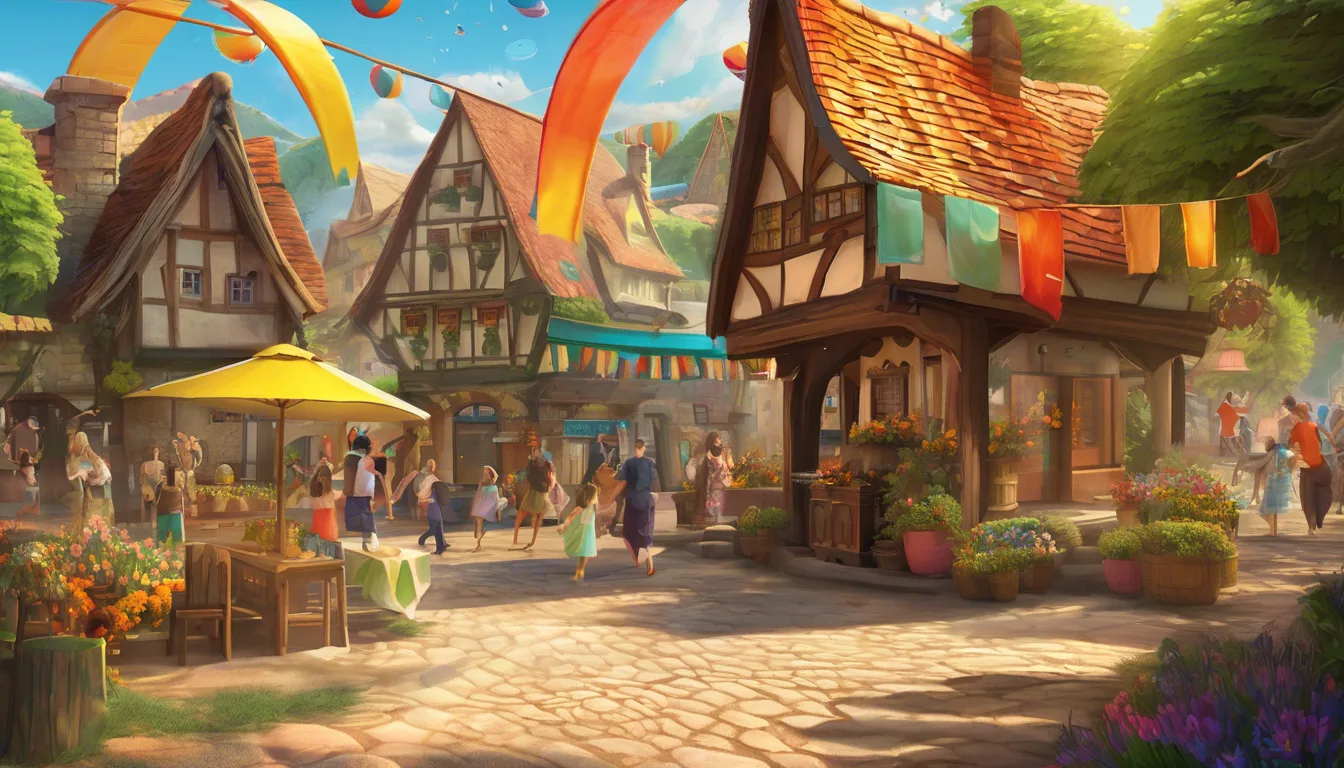Alt: Melting clocks on village houses with people and animals dancing among colorful banners.