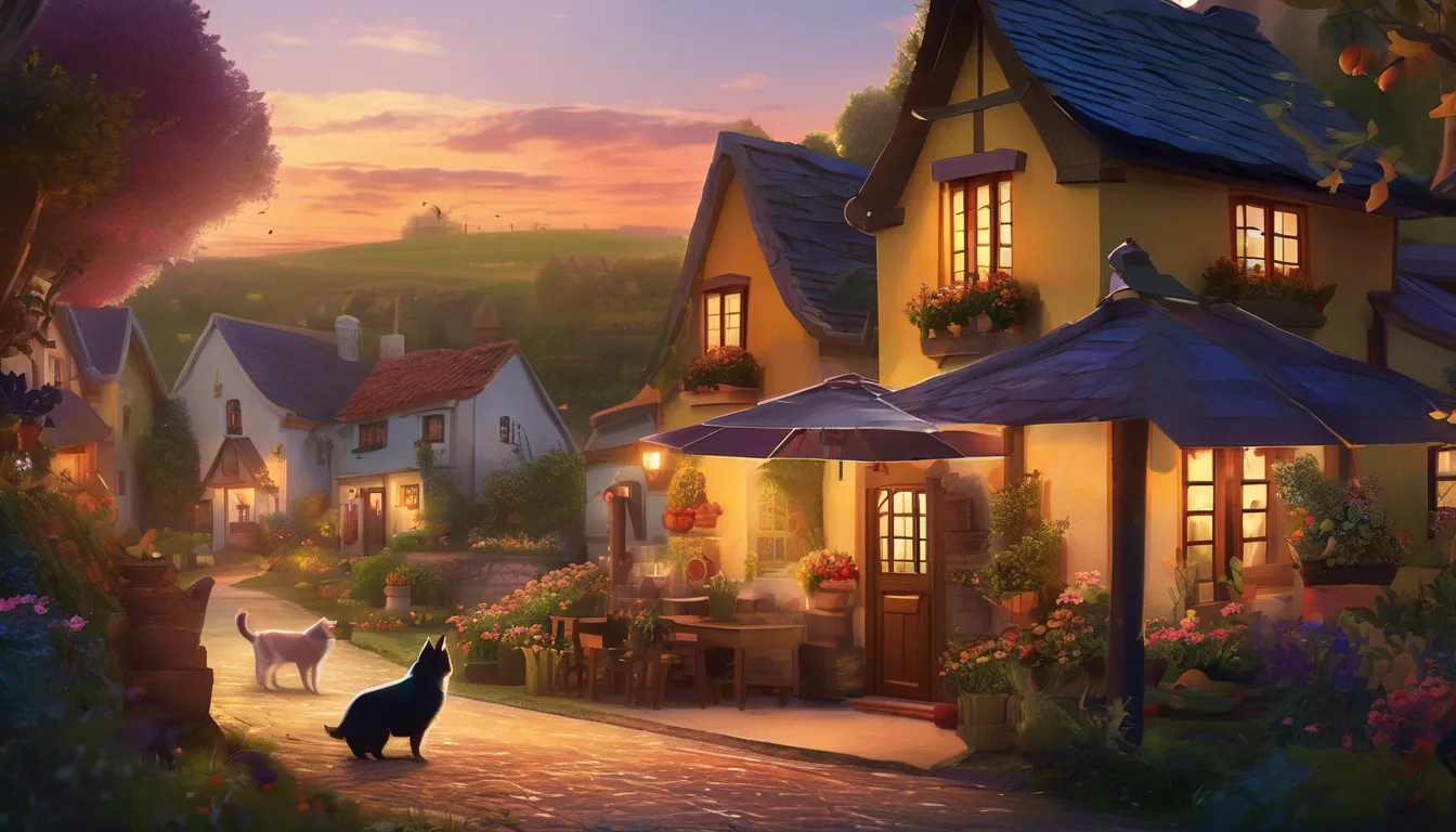 Pets and families talking in glowing village homes at twilight.