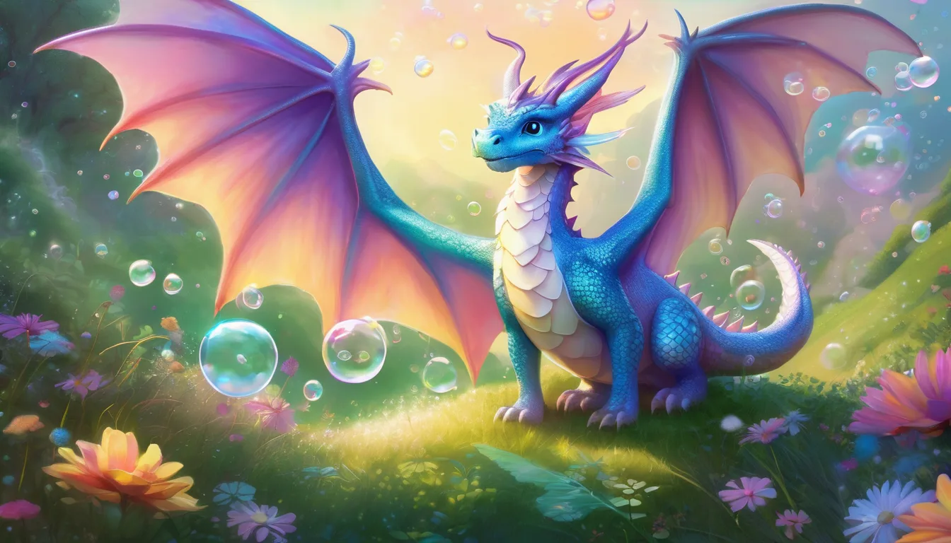 A vibrant, blue dragon with purple wings stands amid colorful flowers and floating bubbles in a lush, magical landscape.