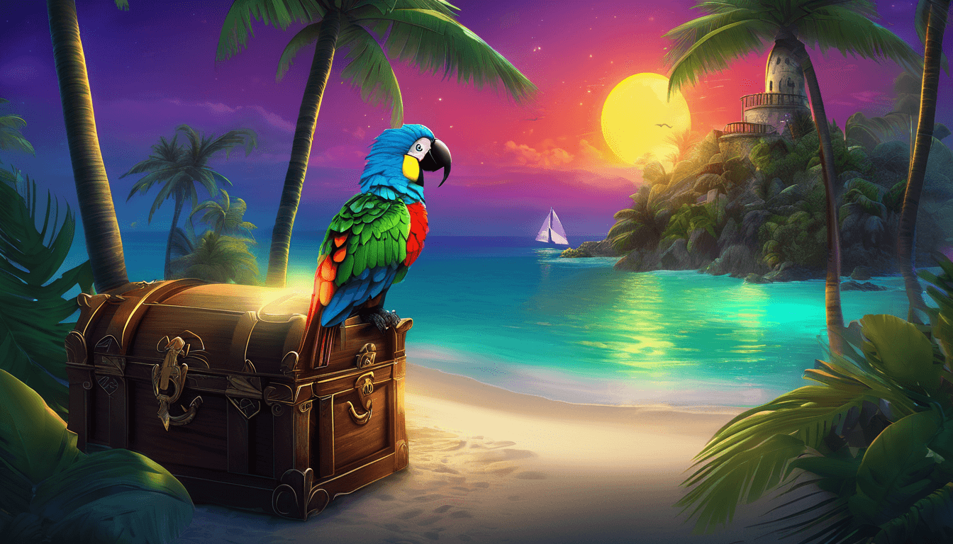 Alt: Pirate parrot on treasure chest under moonlight on tropical island with animals.