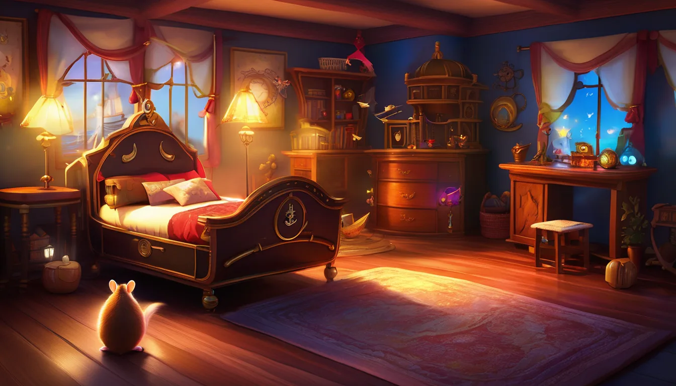 Cozy animated bedroom at dusk featuring a bed with a red and gold bedding, warm lighting, a wooden dresser, and a curious mouse on the floor.