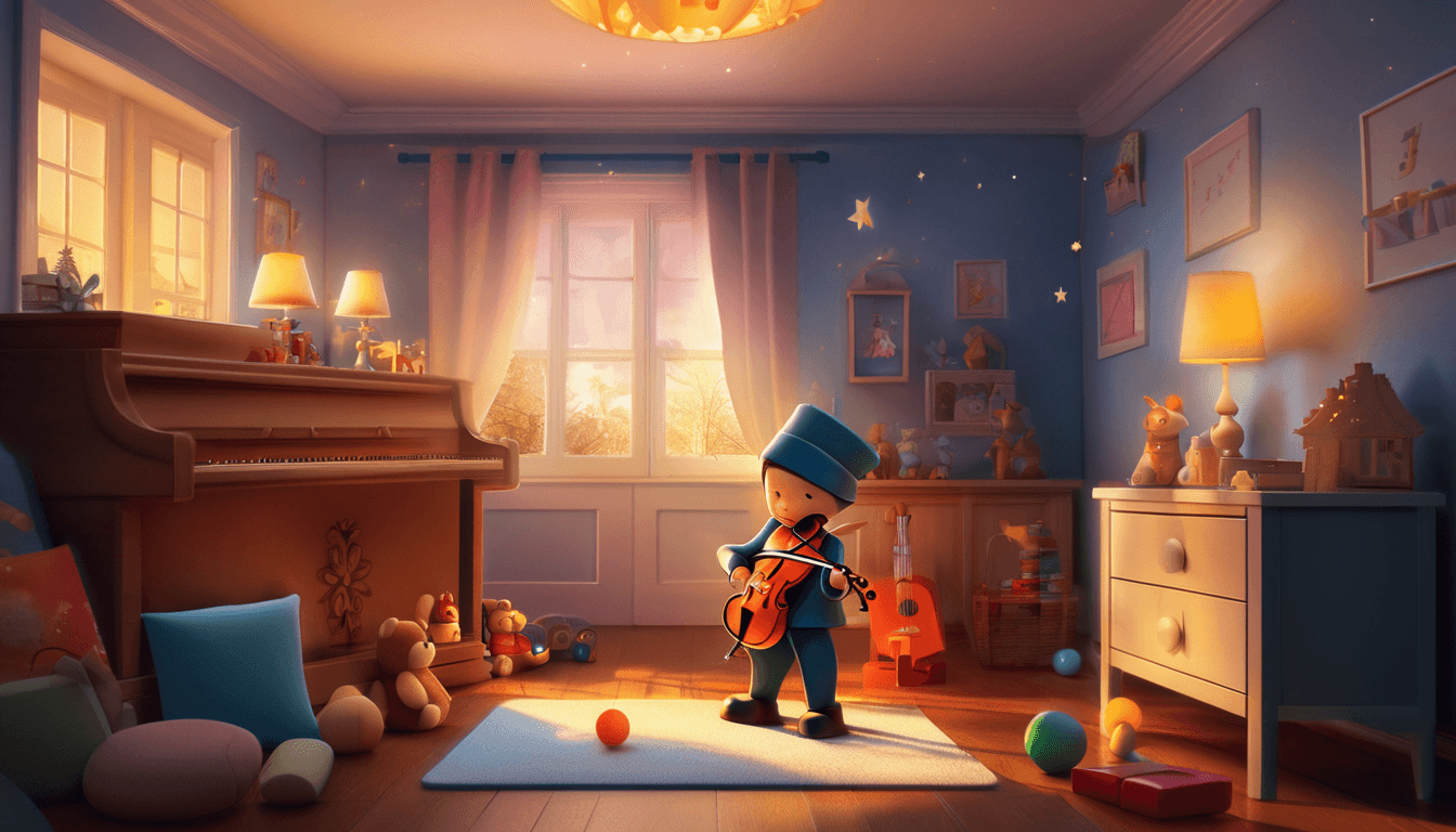 A young child in a blue outfit and hat plays a violin in a cozy, warmly lit room filled with toys and musical instruments.