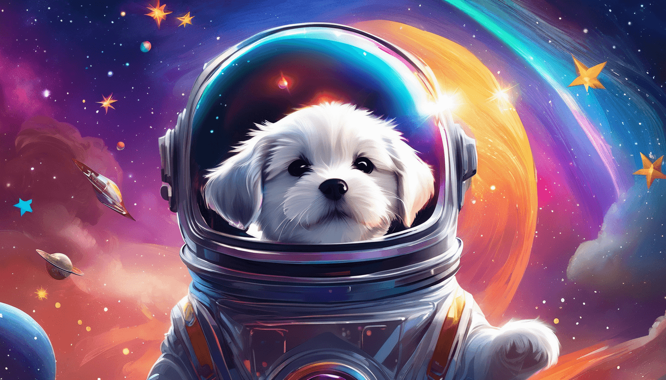 A cute white puppy in an astronaut suit, set against a vibrant cosmic background with stars and planets.