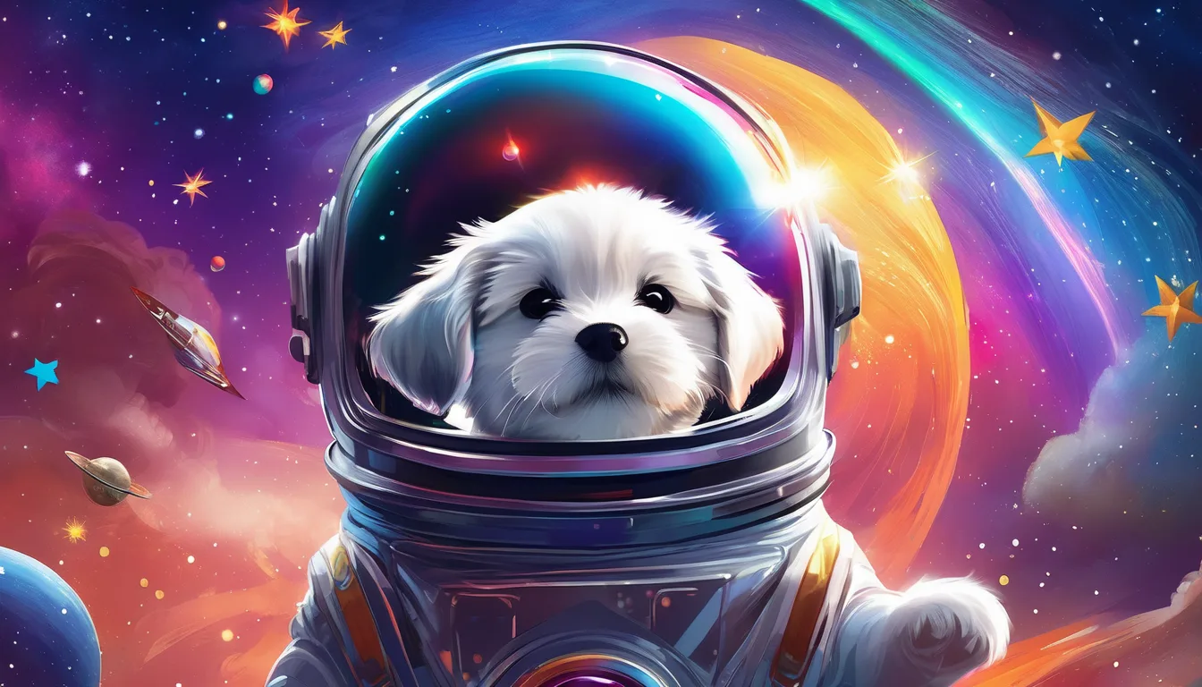 A cute white puppy in an astronaut suit, set against a vibrant cosmic background with stars and planets.