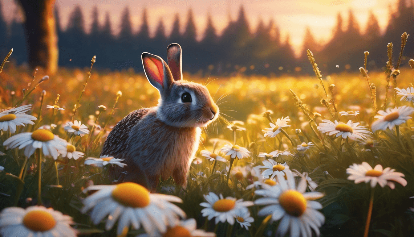 A rabbit and hedgehog with daisy crowns bounce in a sunlit field of daisies.