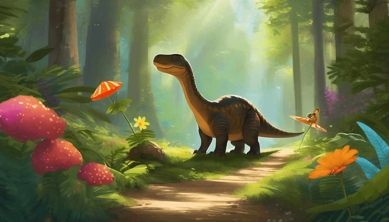 A dinosaur and snail admire flowers in a sunlit, peaceful forest.