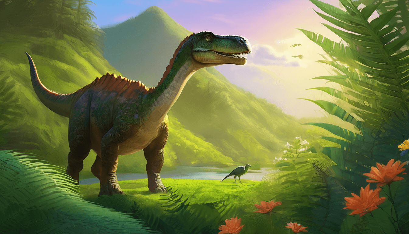 Alt: A gentle dinosaur and a small bird walking together in a sunlit, green valley.