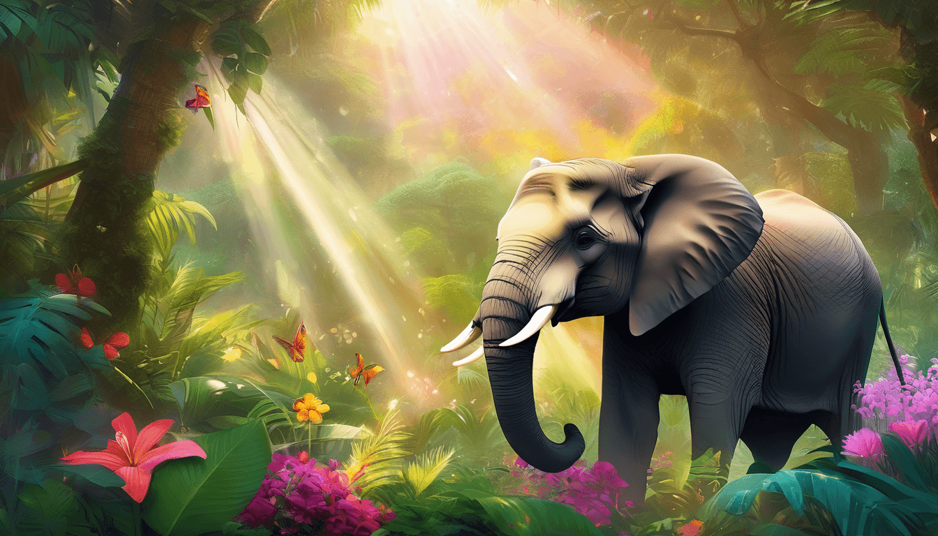Alt: Playful elephant sneezing magical mist in a vibrant jungle garden with blooming flowers and happy animals.
