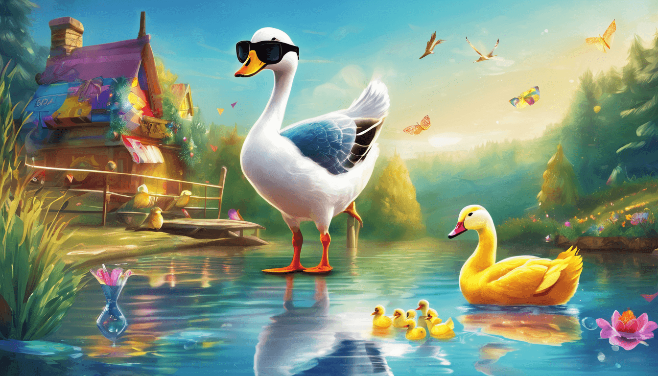 A cheerful goose in sunglasses by a pond with animal friends and festive decorations.