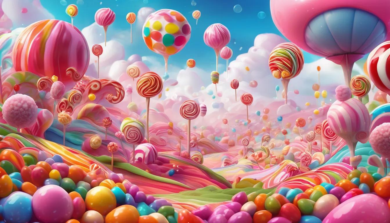 A whimsical landscape filled with colorful candy mountains, swirling lollipops, and vibrant candy spheres under a bright blue sky.